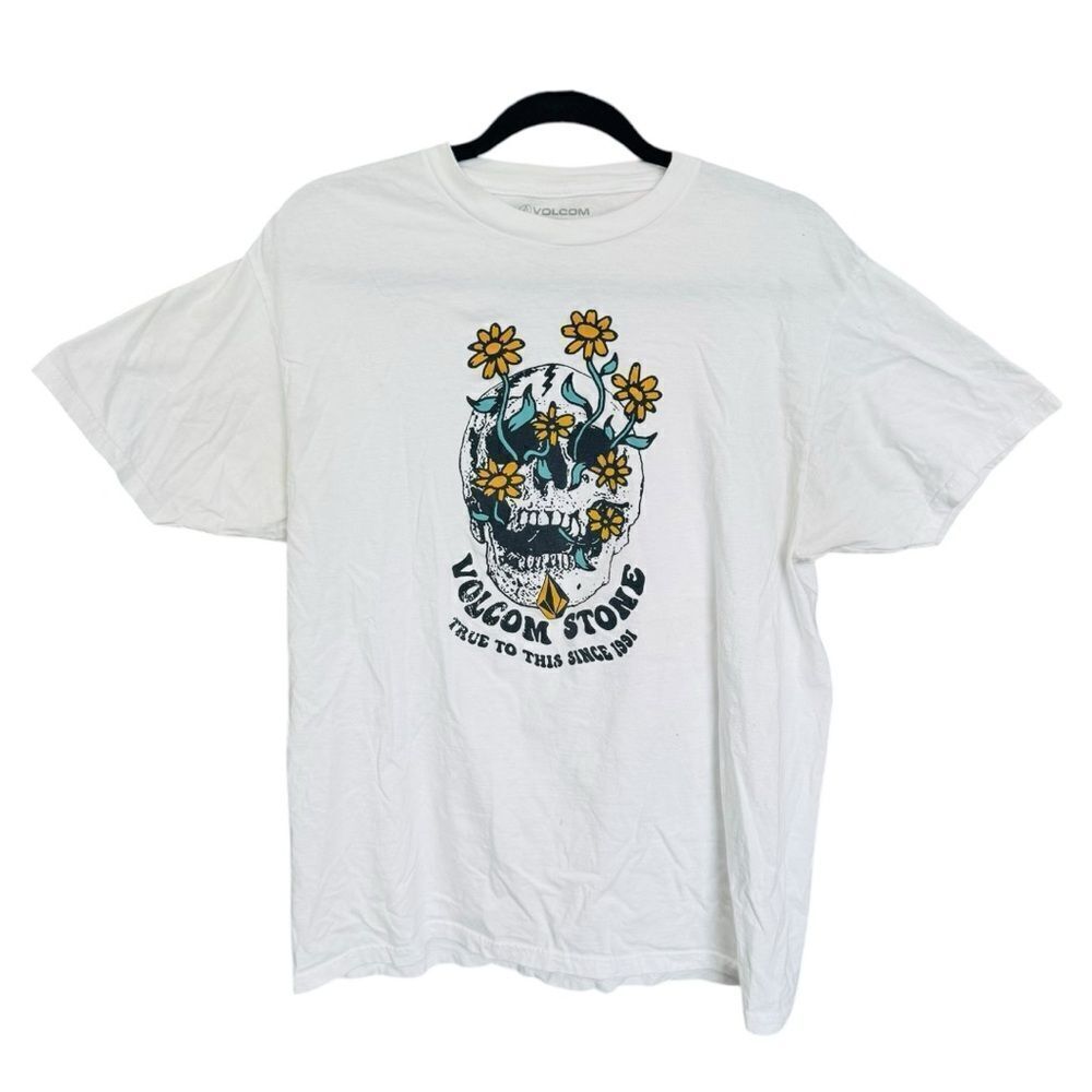Volcom Men's White Graphic T-Shirt Skull Floral Crew Neck Size L